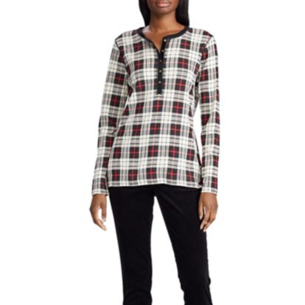 Chaps Plaid Button Up V Neck Long Sleeve Henley Top